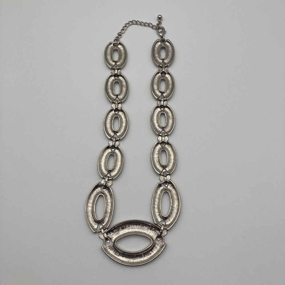 Vintage 80s Art Deco Revival Silver Tone Statement Bib Necklace Ribbed Geometric - Picture 5 of 6